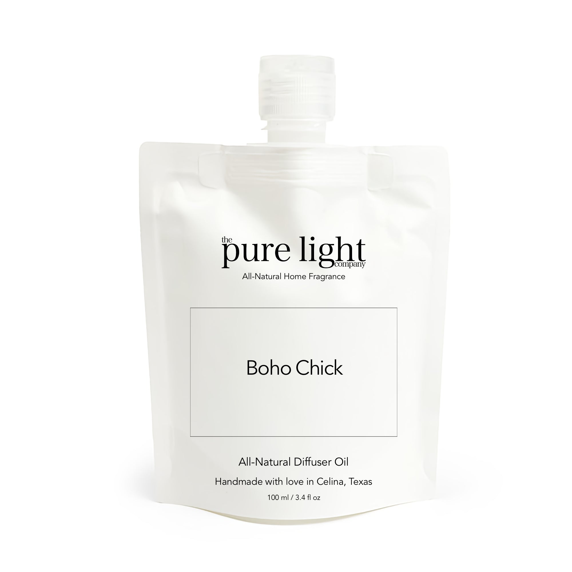 White packaging of The Pure Light Company Diffuser Oil packaging for 'Boho Chick' fragrance on a white background