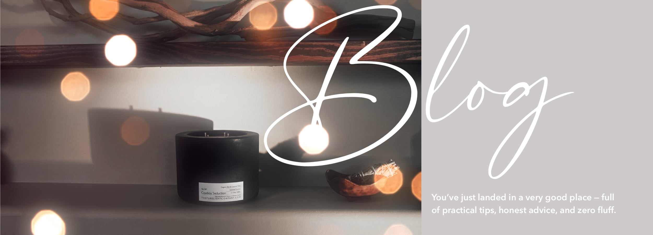 Black concrete candle by The Pure Light Company with a label on a reflective surface, surrounded by blurred lights, with 'Blog' for a page header on home fragrance guidance.