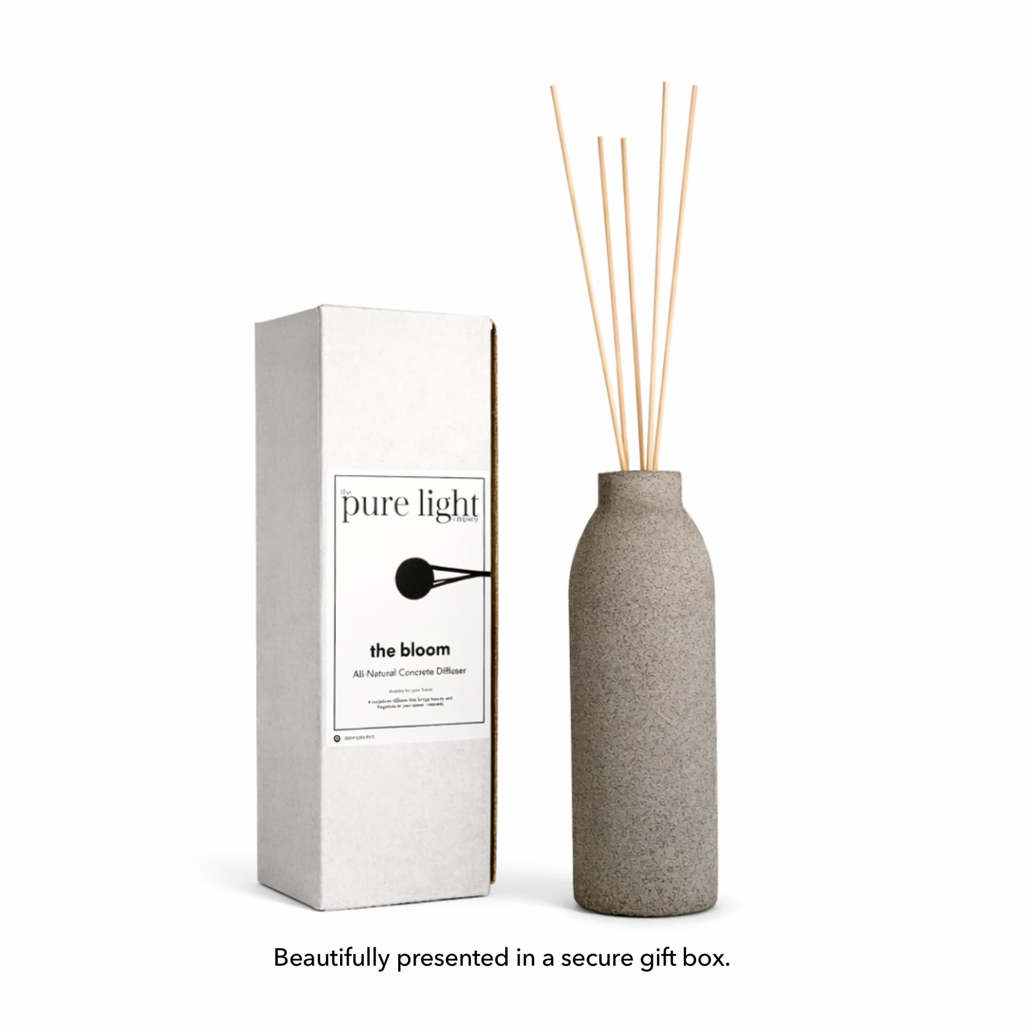 Gray large concrete diffuser bottle with natural reeds and packaging labeled The Pure Light Company on a white background