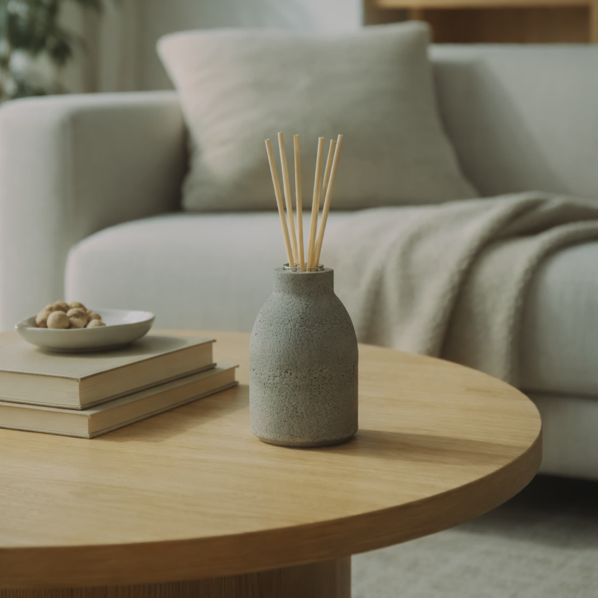 Gray textured concrete diffuser with natural reeds on a wooden table in a living room setting.