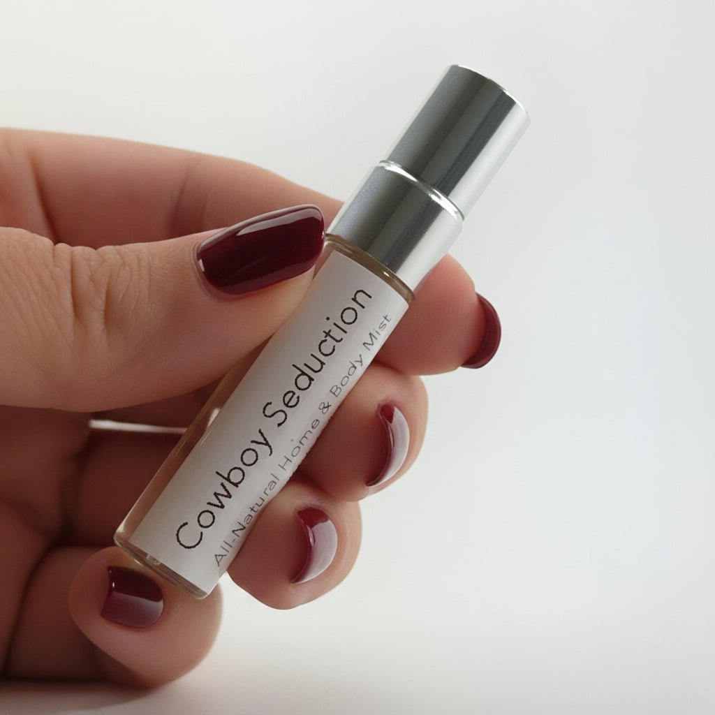 Hand holding a 'Cowboy Seduction' product with a neutral background by The Pure Light Company