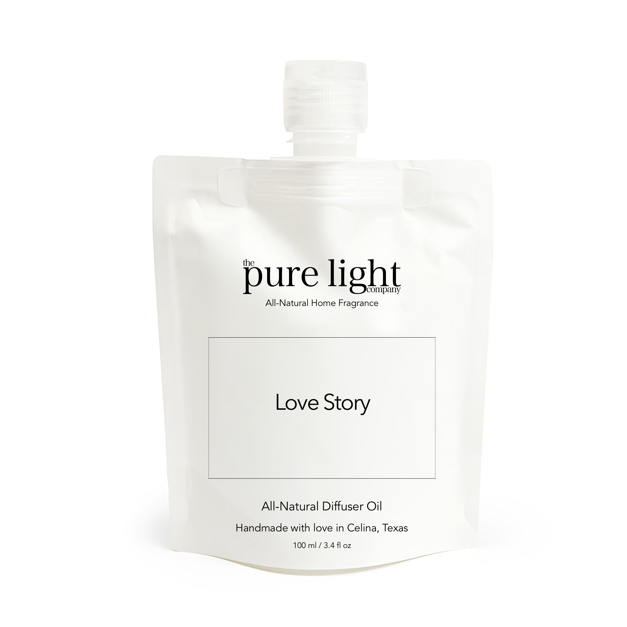 White packaging of The Pure Light Company All-Natural Home Fragrance with 'Love Story' on a white background