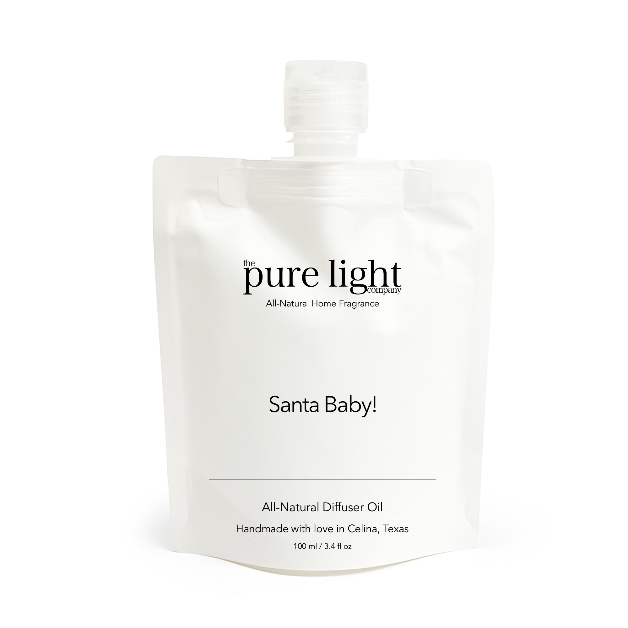 A white stand-up pouch of 'the pure light' Santa Baby! All-Natural Home Fragrance diffuser oil, featuring a clear screw-top cap and black text on a clean white background.