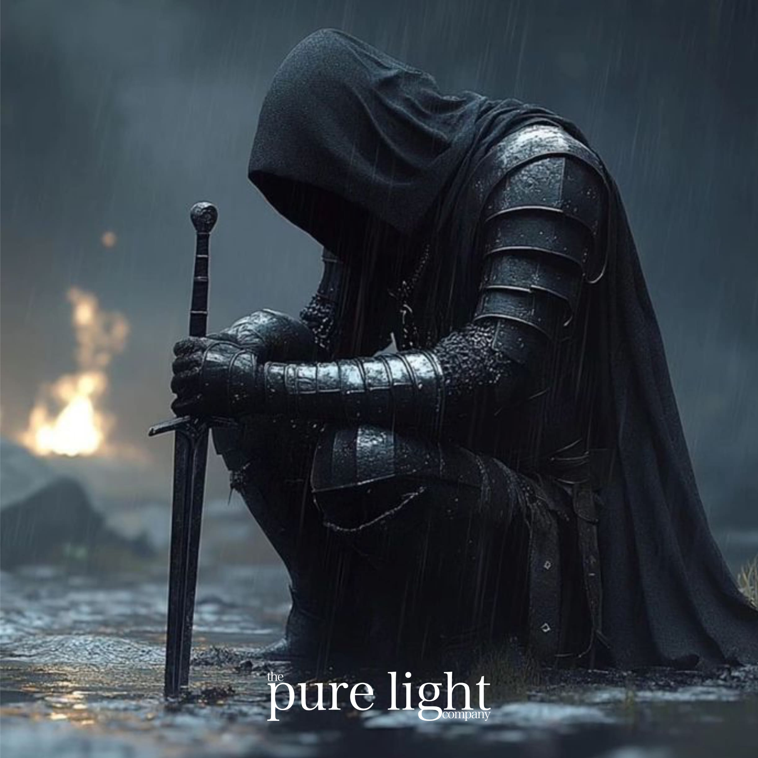 A cloaked figure in dark armor, holding a sword on a dimly lit rainy battle for The Pure Light Company King Of The North all-natural home fragrance collection.