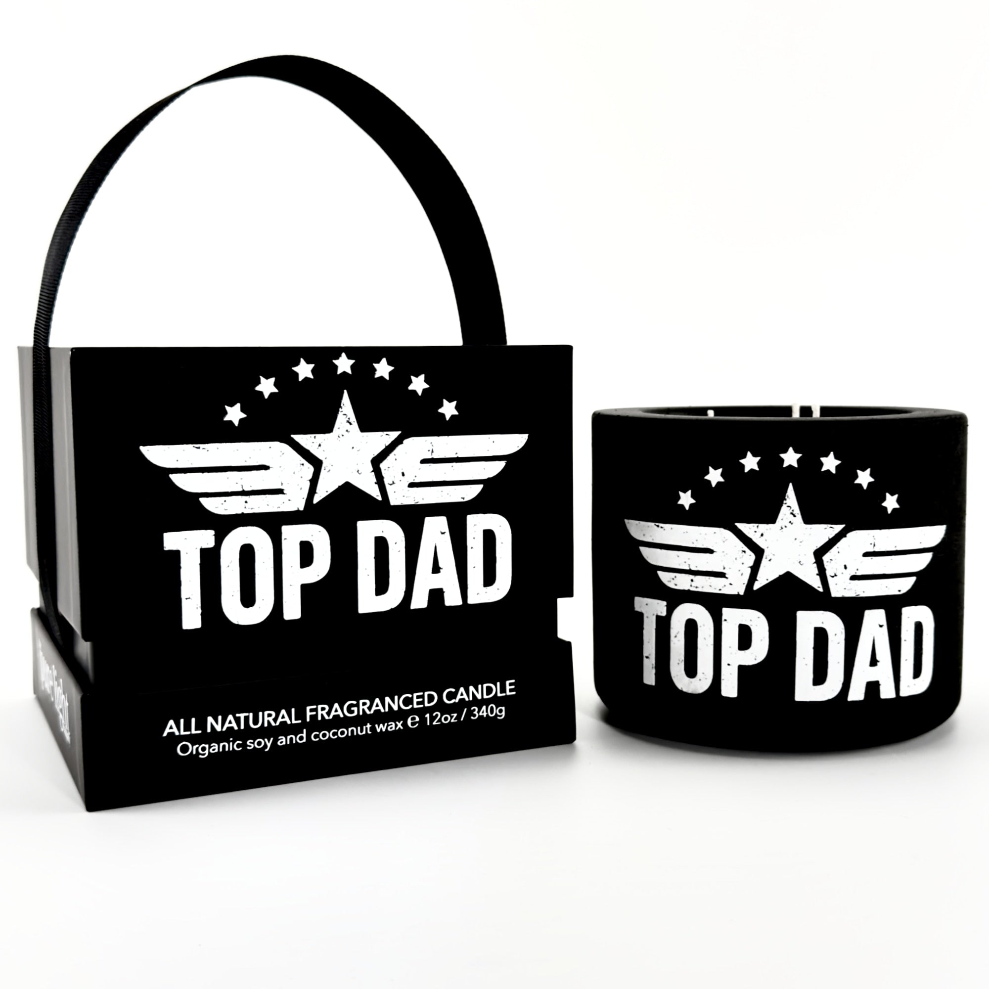 Candle set with 'Top Dad' text and star design on a white background by The Pure Light Company