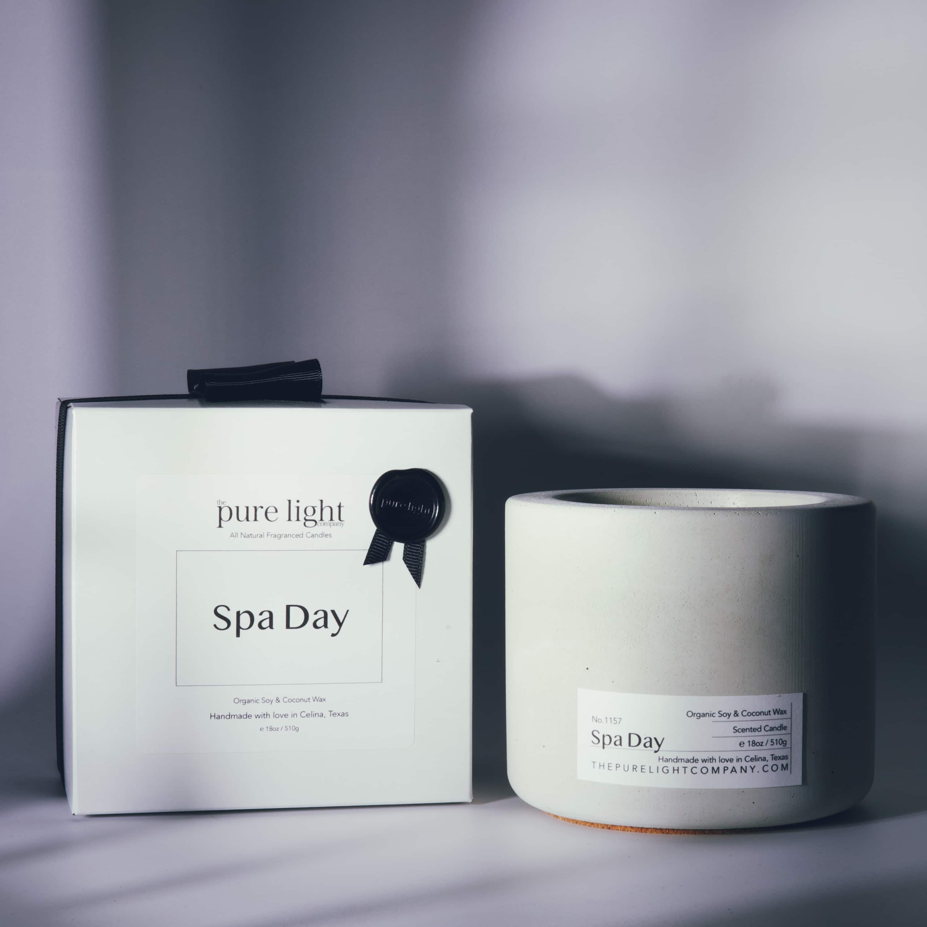 SPA DAY all natural fragranced candle in a large concrete jar handmade by The Pure Light Company.