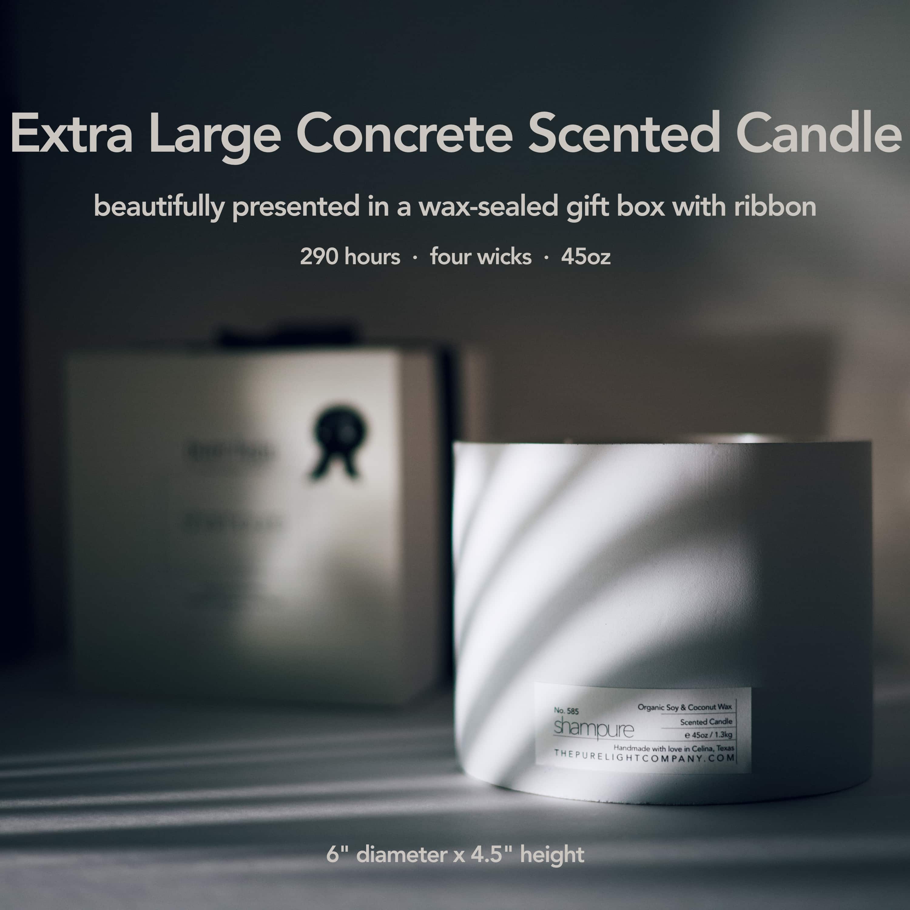 SHAMPURE All natural fragranced candles in hand-made concrete jars. Extra Large jar provides 290 hours of burn time, has four wicks and holds 45oz of all natural soy and coconut wax.