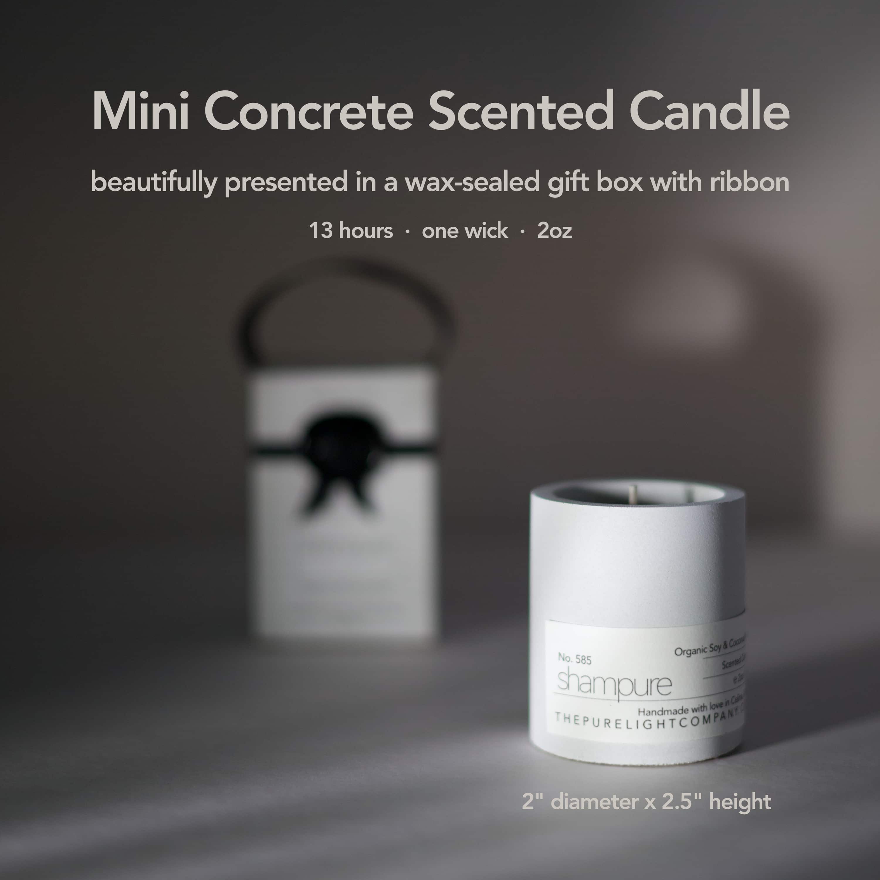 SHAMPURE | Aveda. All natural fragranced candles in hand-made concrete jars. Mini concrete jar provides 13 hours of burn time, has one wick and holds an adorable 2oz of all natural soy and coconut wax.