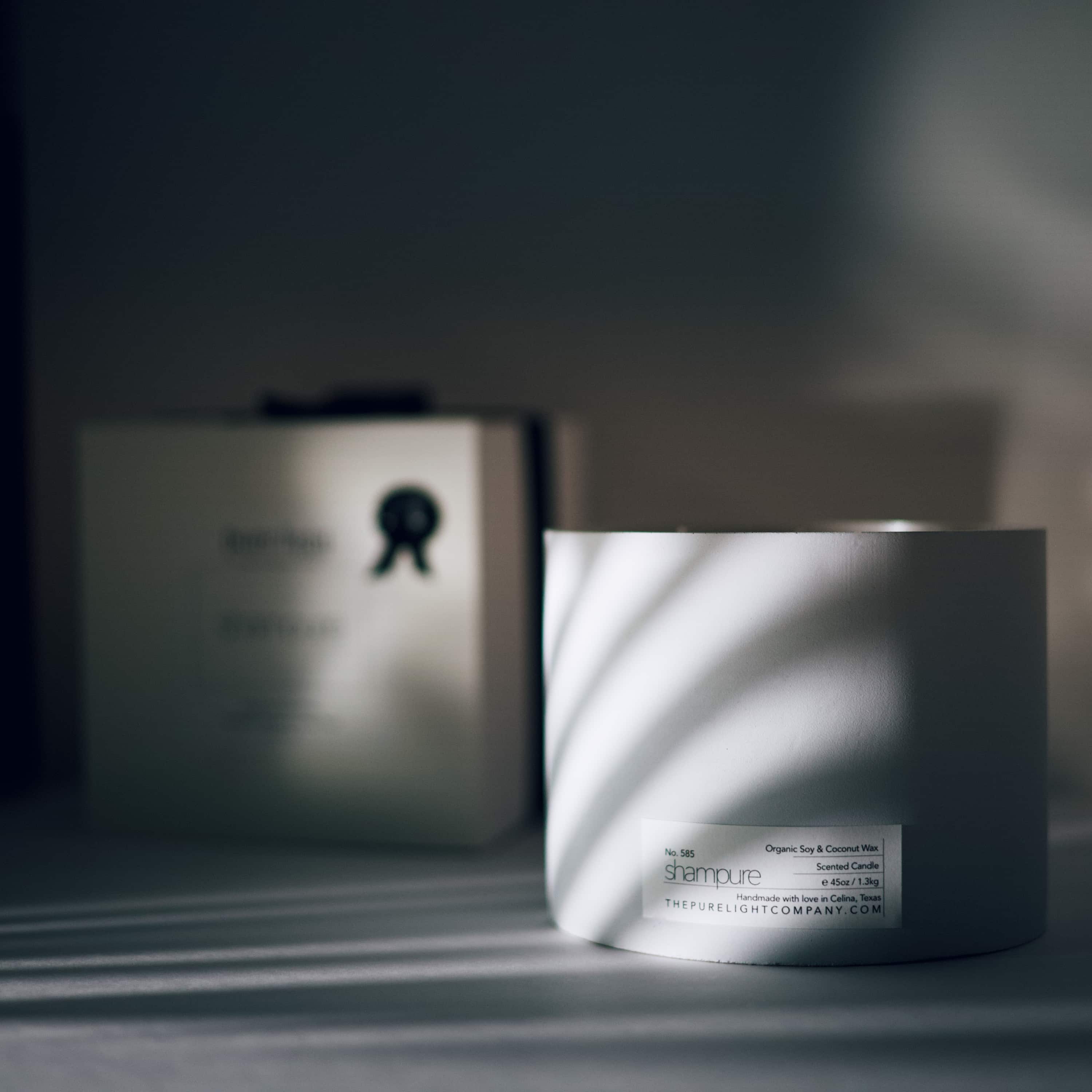 SHAMPURE | Aveda. XL Concrete Candle in a handmade white concrete jar by The Pure Light Company, All Natural Fragranced Candles.