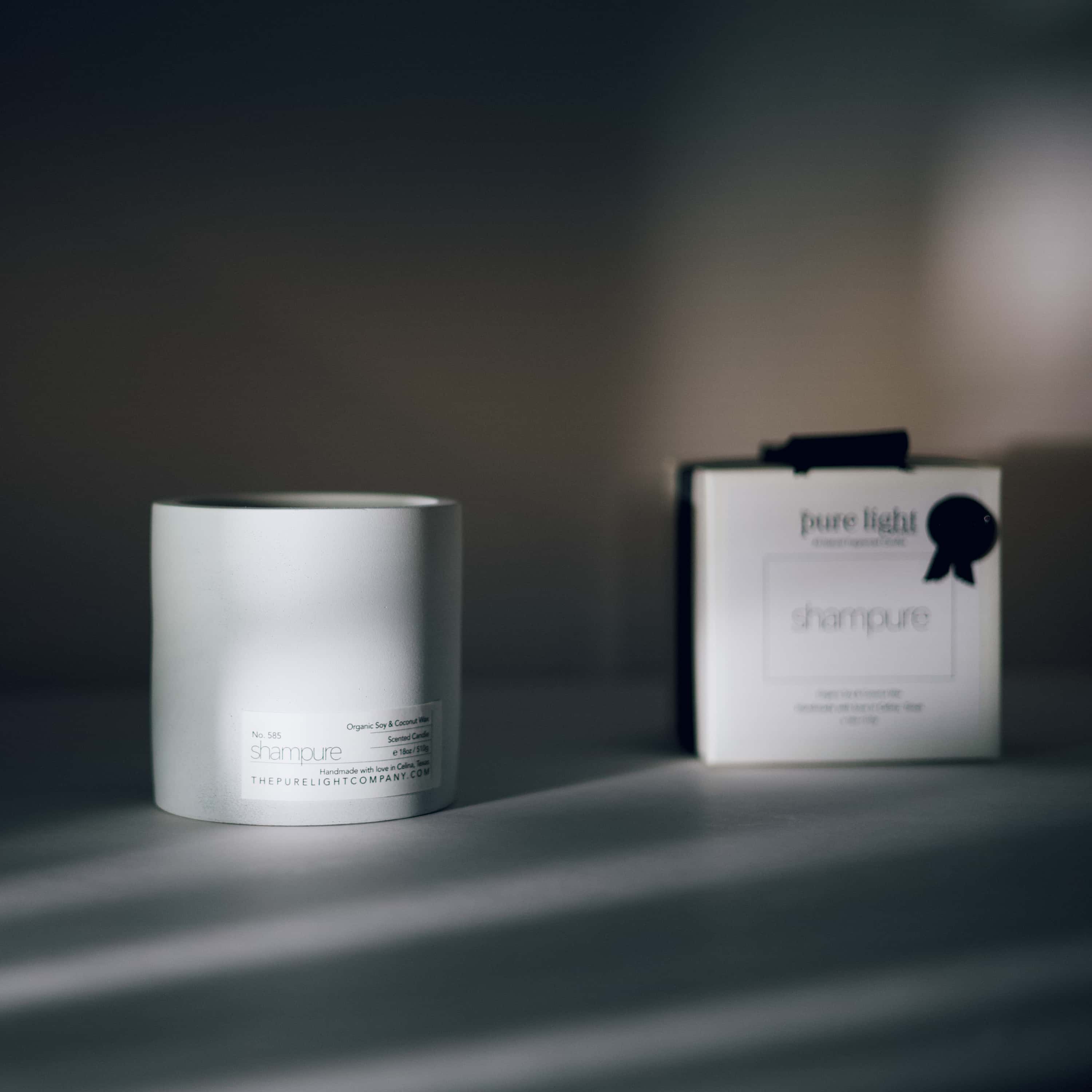 SHAMPURE | Aveda. Large Concrete Candle in a handmade white concrete jar by The Pure Light Company, All Natural Fragranced Candles.