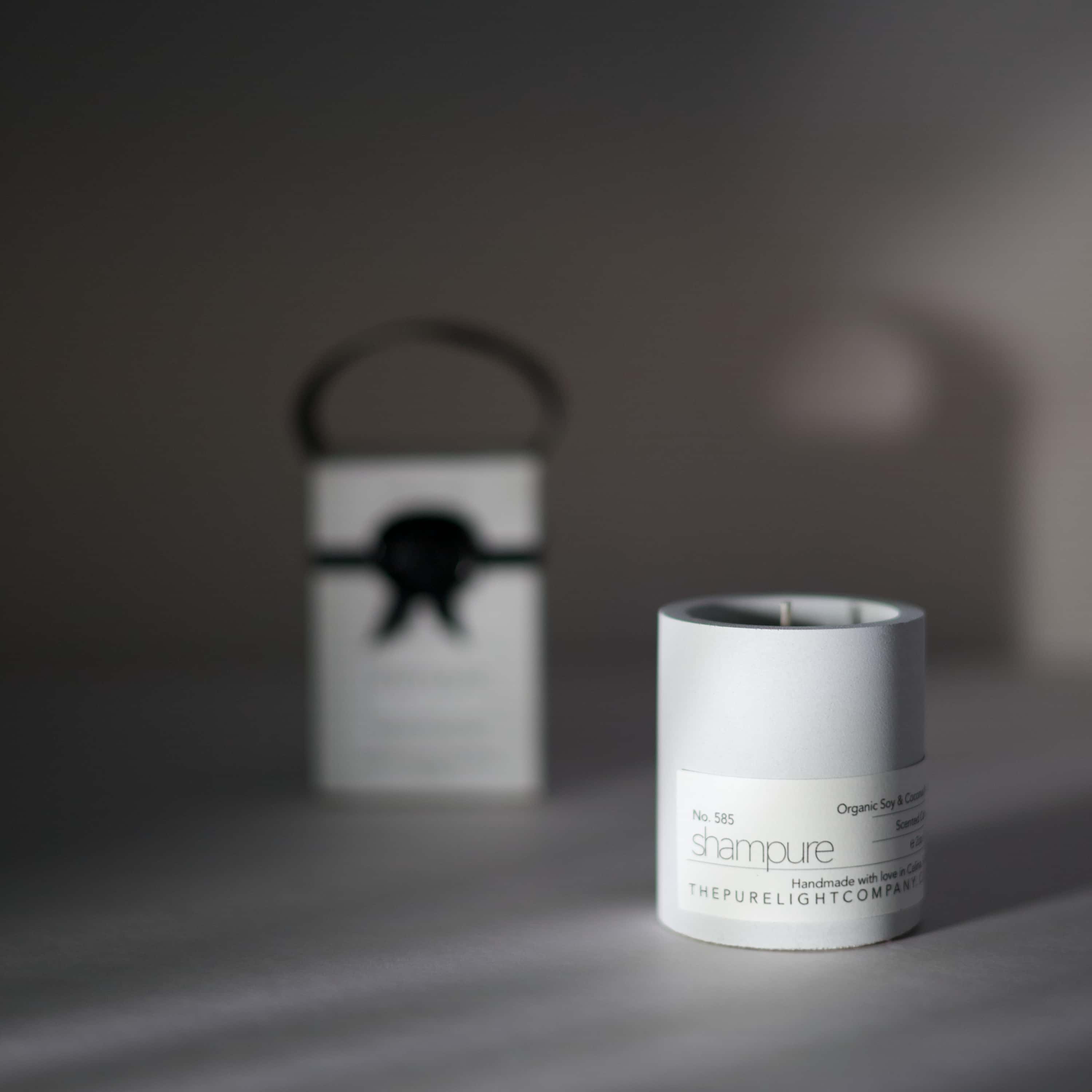 SHAMPURE | Aveda. Mini Concrete Candle in a handmade white concrete jar by The Pure Light Company, All Natural Fragranced Candles.