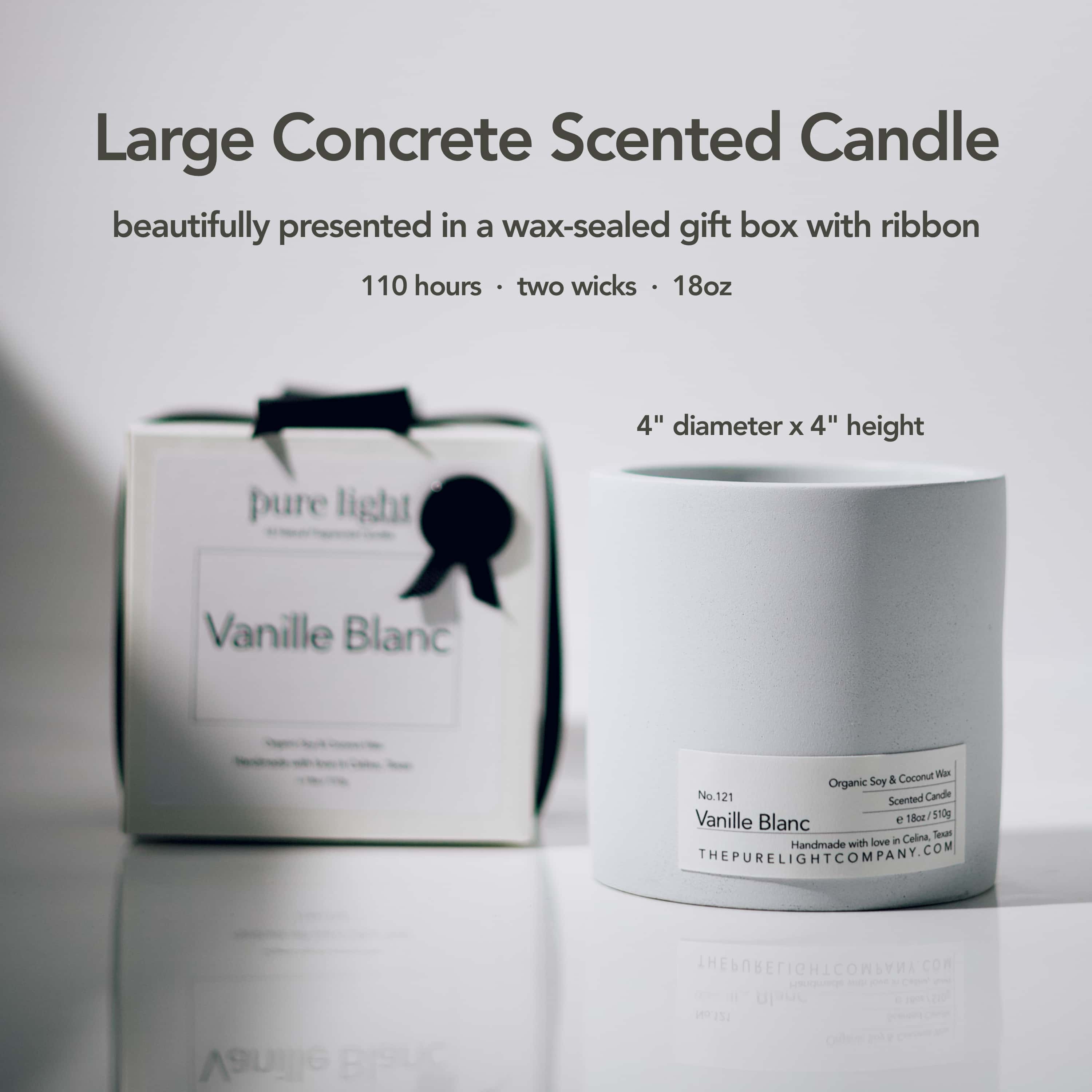 All Natural Soy and Coconut Wax candle in a large concrete jar fragranced with Vanilla natural fragrance oil. Gift boxed.