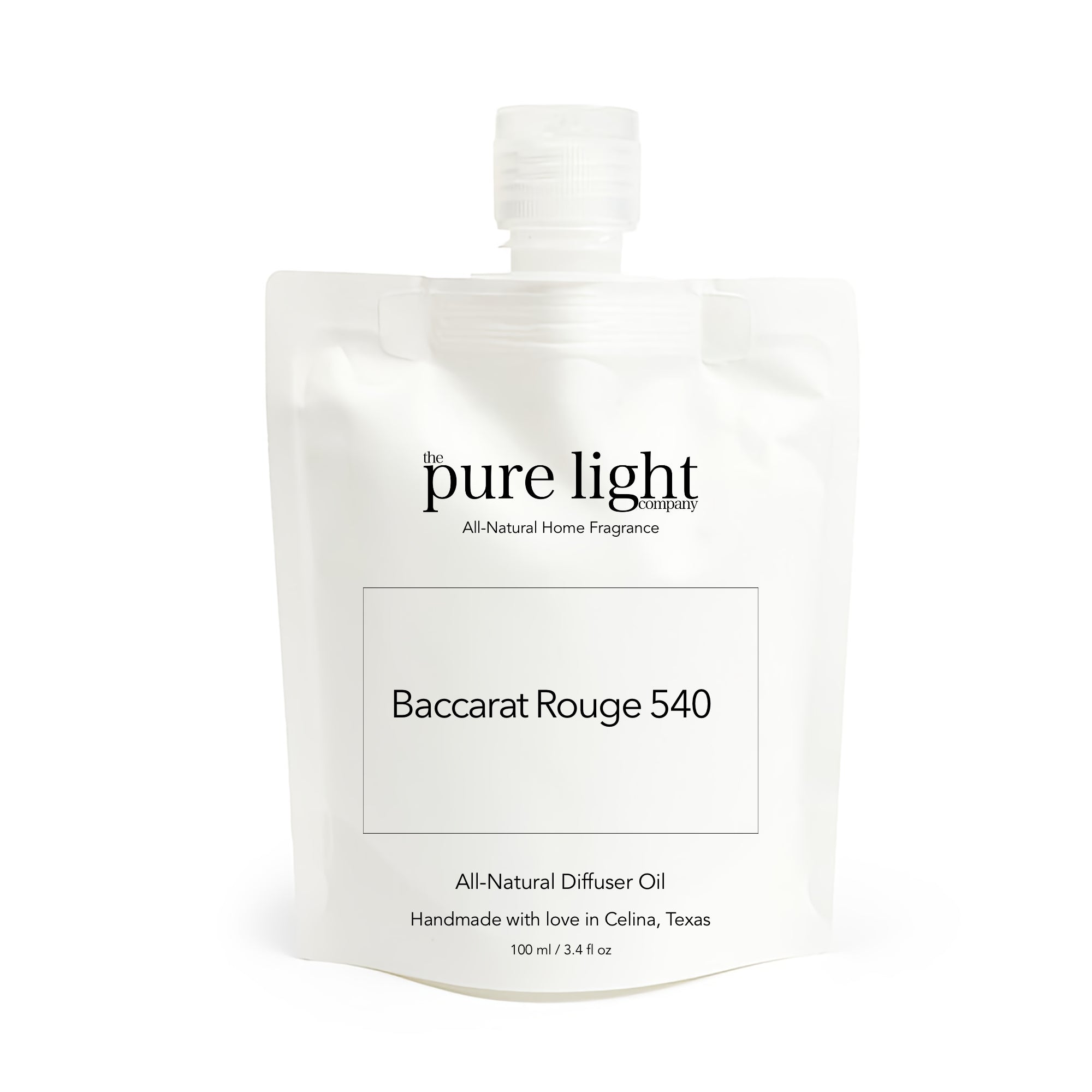 White packaging of The Pure Light Company diffuser oil with 'Baccarat Rouge 540' text on a white background