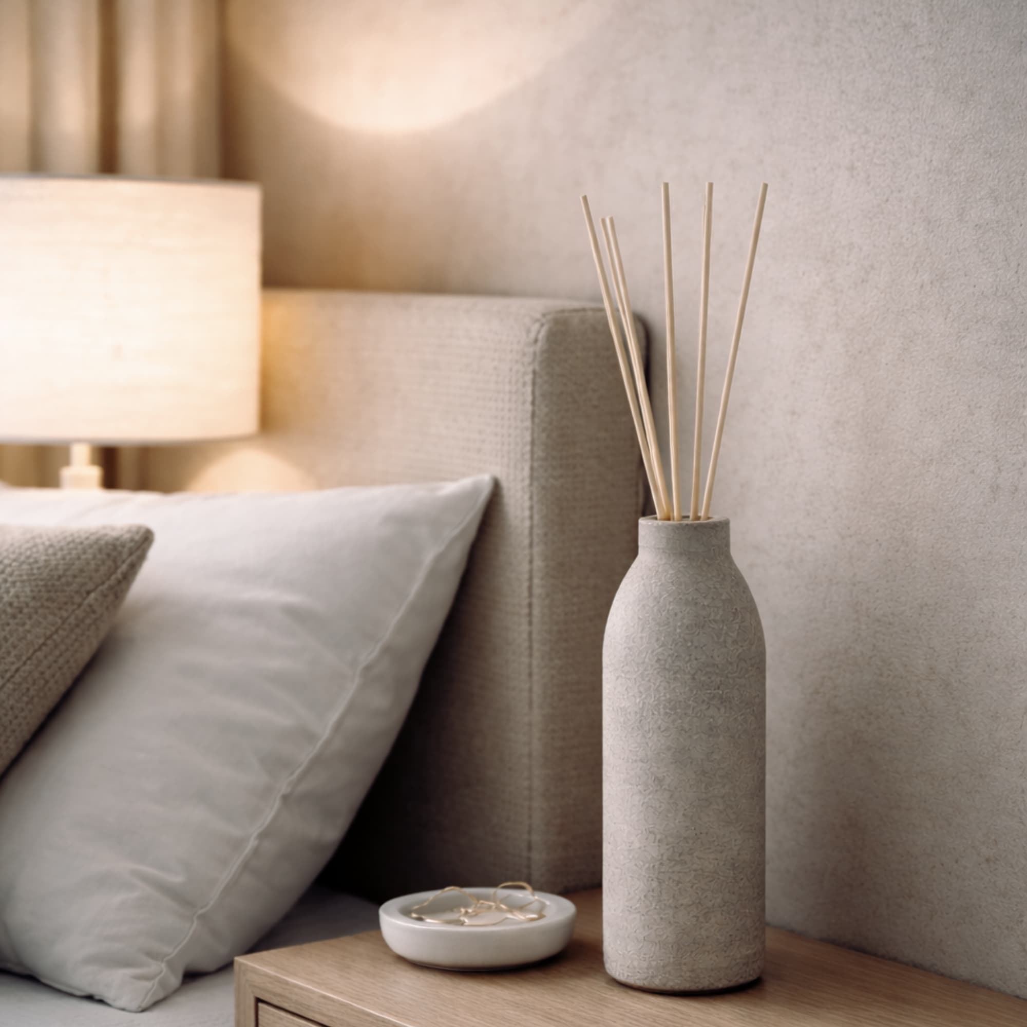 A gray concrete diffuser with natural colored reeds on a bedside table next to a bed with pillows.