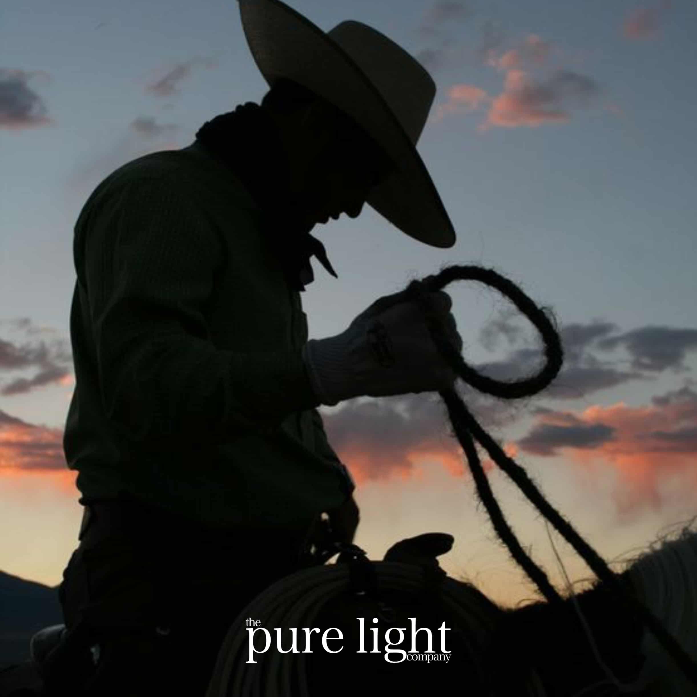 A seductive cowboy wearing a cowboy hat and holding a rope, with a sunset visible in the background with The Pure Light Company logo.