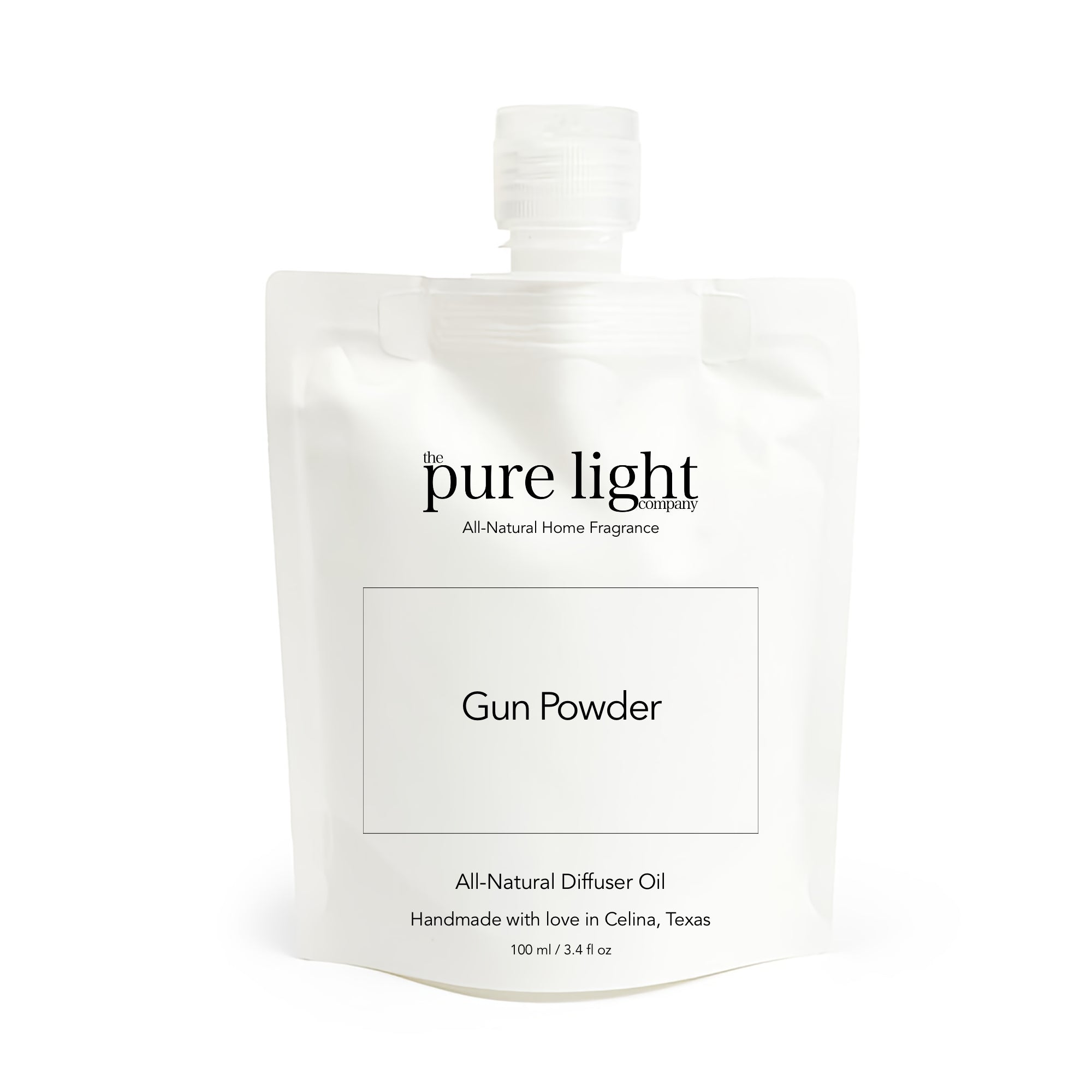The Pure Light Company Diffuser Oil packaging for 'Gun Powder' fragrance on a white background