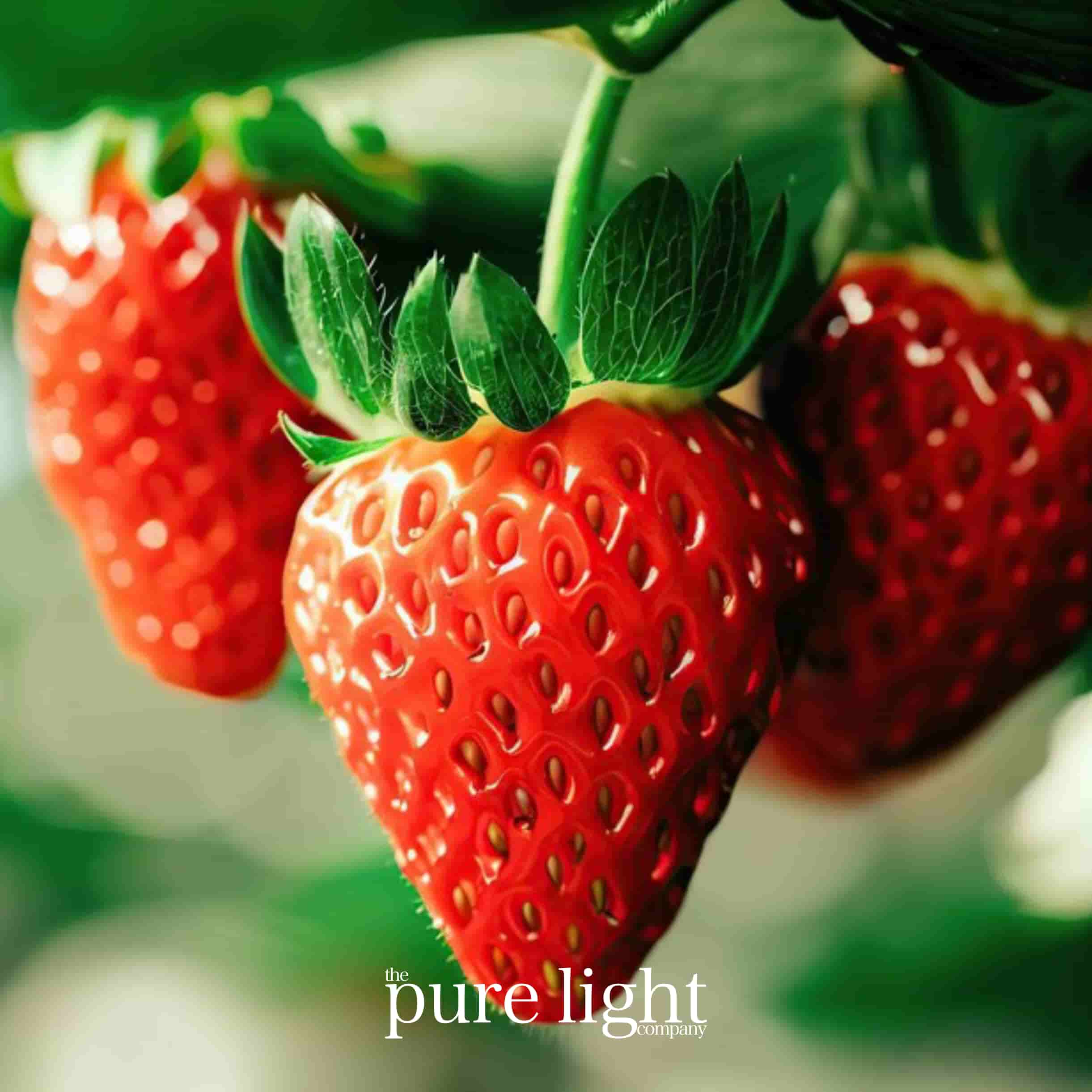 Big red ripe juicy strawberries on their stems, ready to be picked for The Pure Light Company's Strawberries collection of all-natural home fragrance
