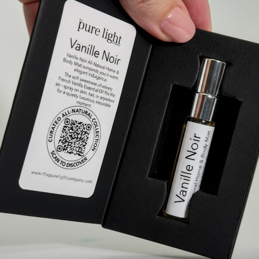 Vanille Noir 5 ml All Natural Home & Body mist in a black box with packaging details.